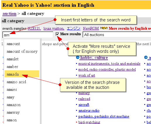 Yahho auctions Japan help Search by English words